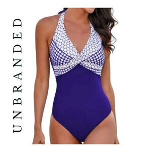 0822. UNBRANDED ONE PIECE SWIMSUIT BLUE/WHITE IN‎ COLOR POLKADOTS SIZE L HALTER